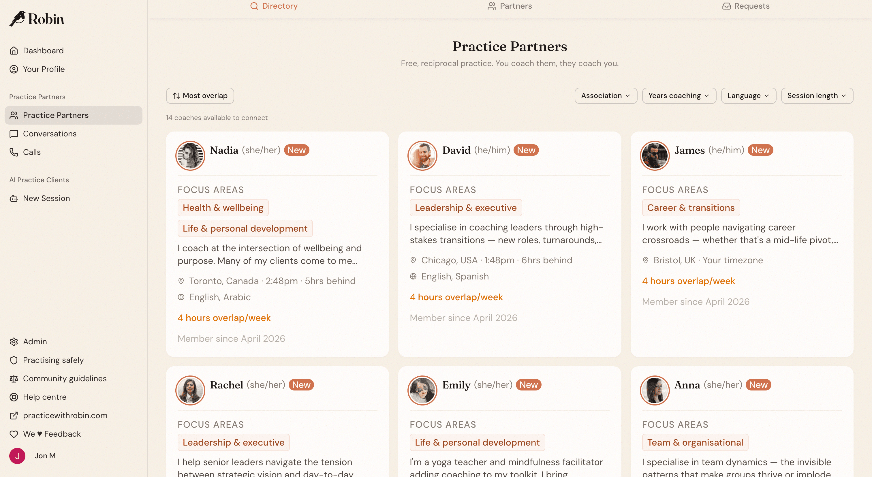 Robin directory showing coach profile cards