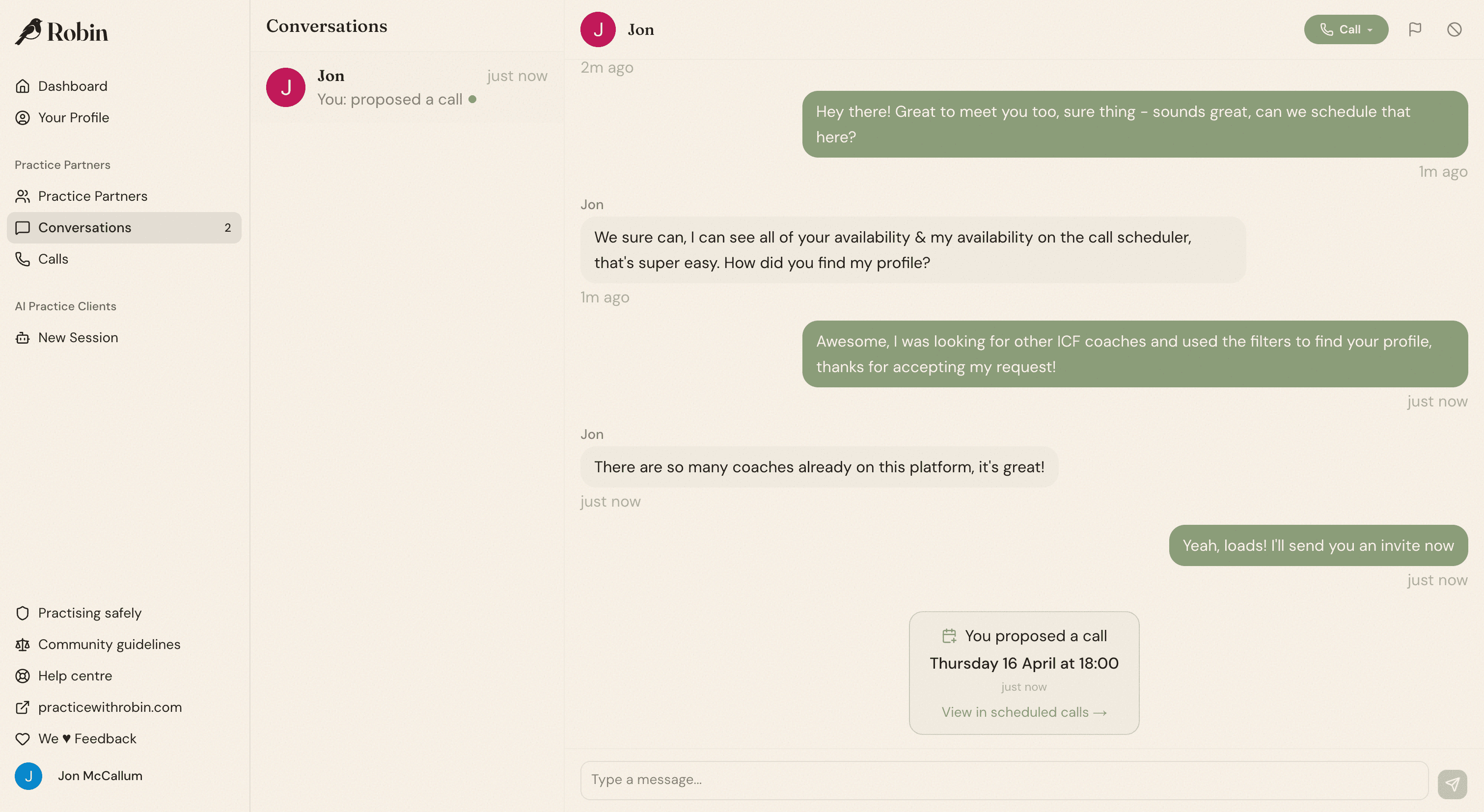 Robin conversation with scheduled call
