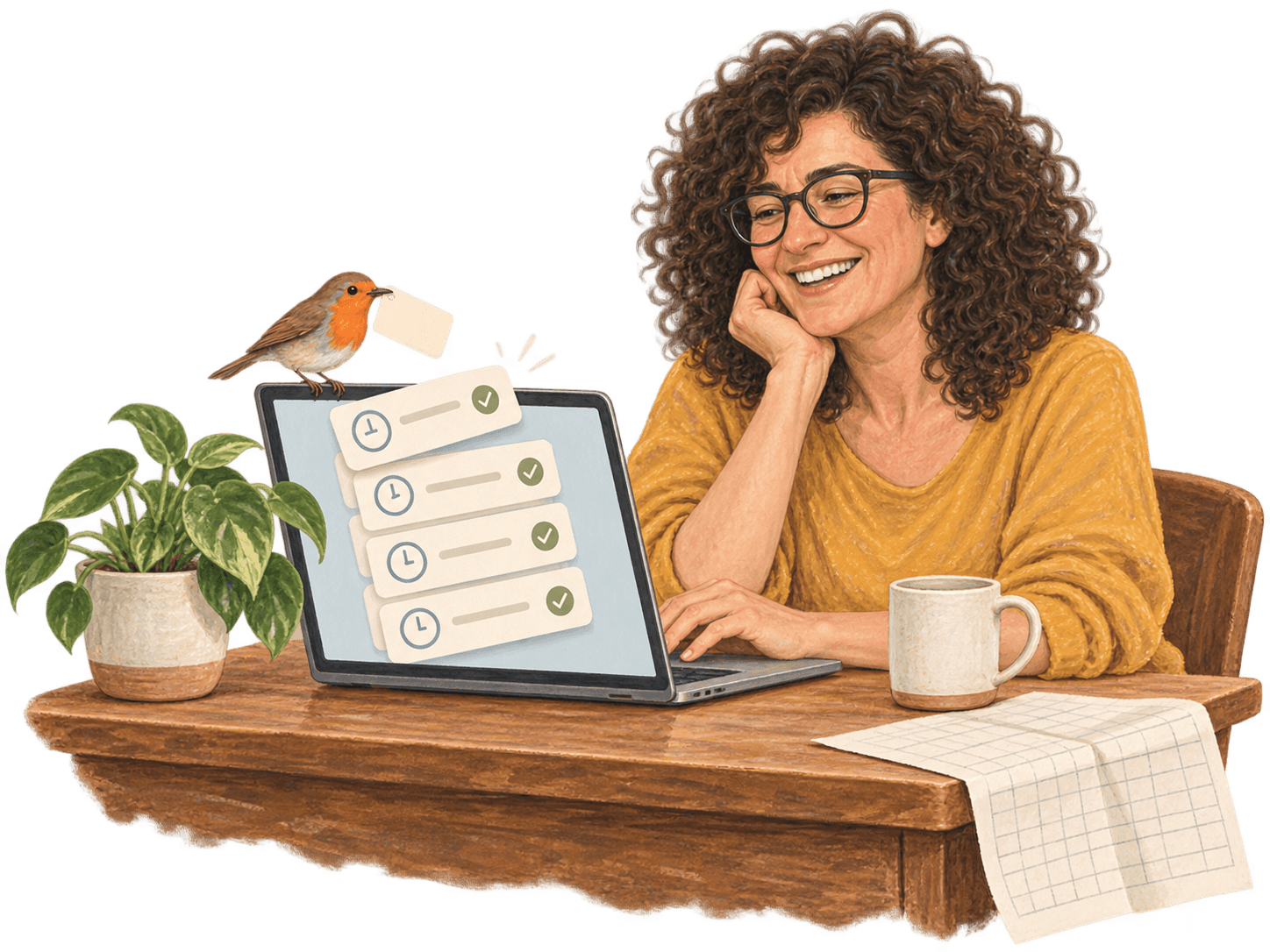 A coach smiles at her laptop, where her logged sessions sit in a neat stack, while a paper spreadsheet slides off the edge of her desk and a robin brings a tag