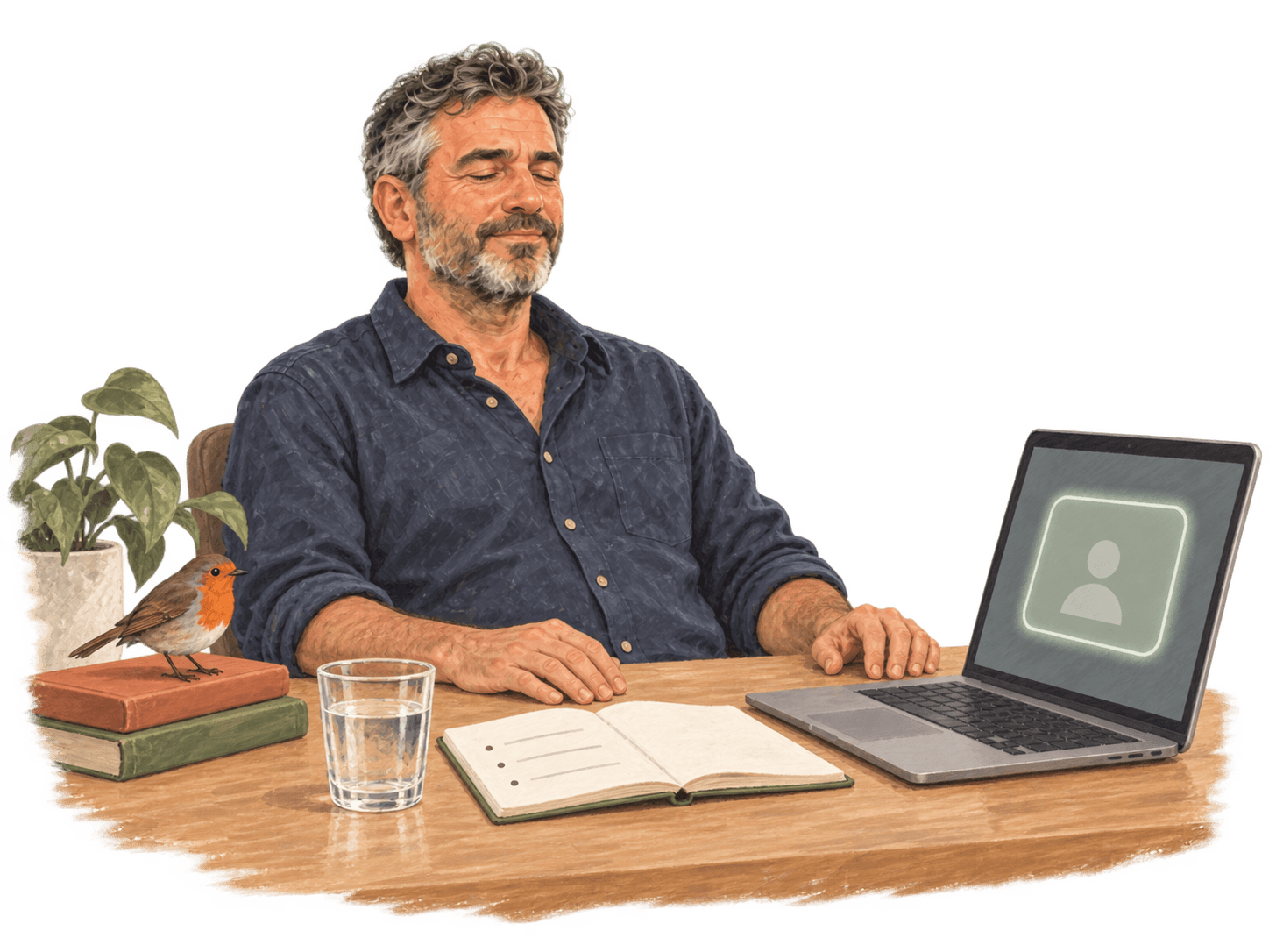 A coach closes his eyes for one slow breath at his desk while his laptop waits for his practice partner to join