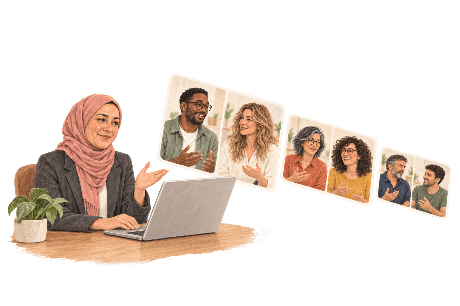 A tutor at her laptop waves her cohort off as pairs of coaches drift away on video-call cards to practise together