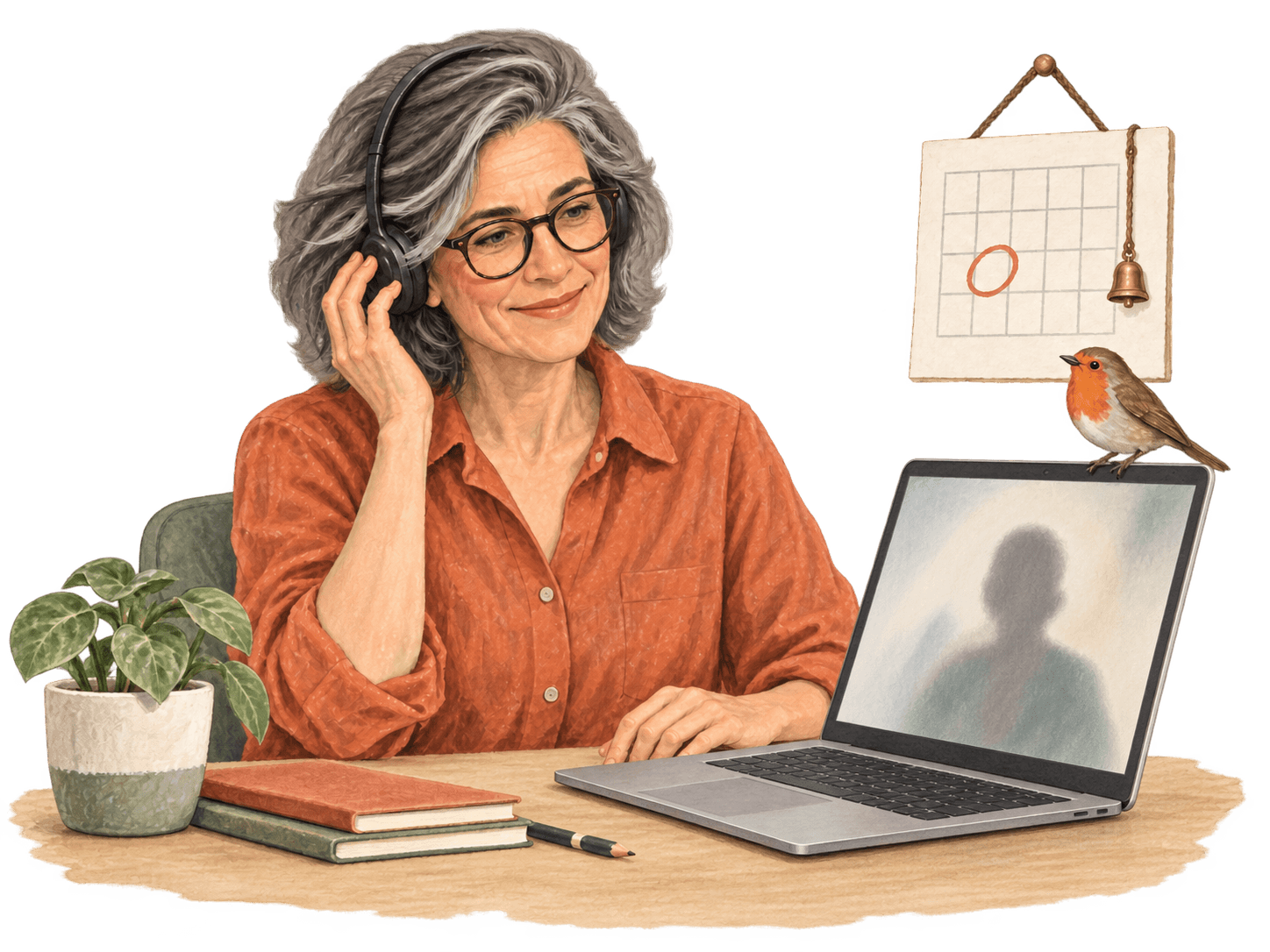 A coach at her desk smiles as she settles her headset for a video call, beside a calendar with one day circled and a robin perched on her laptop